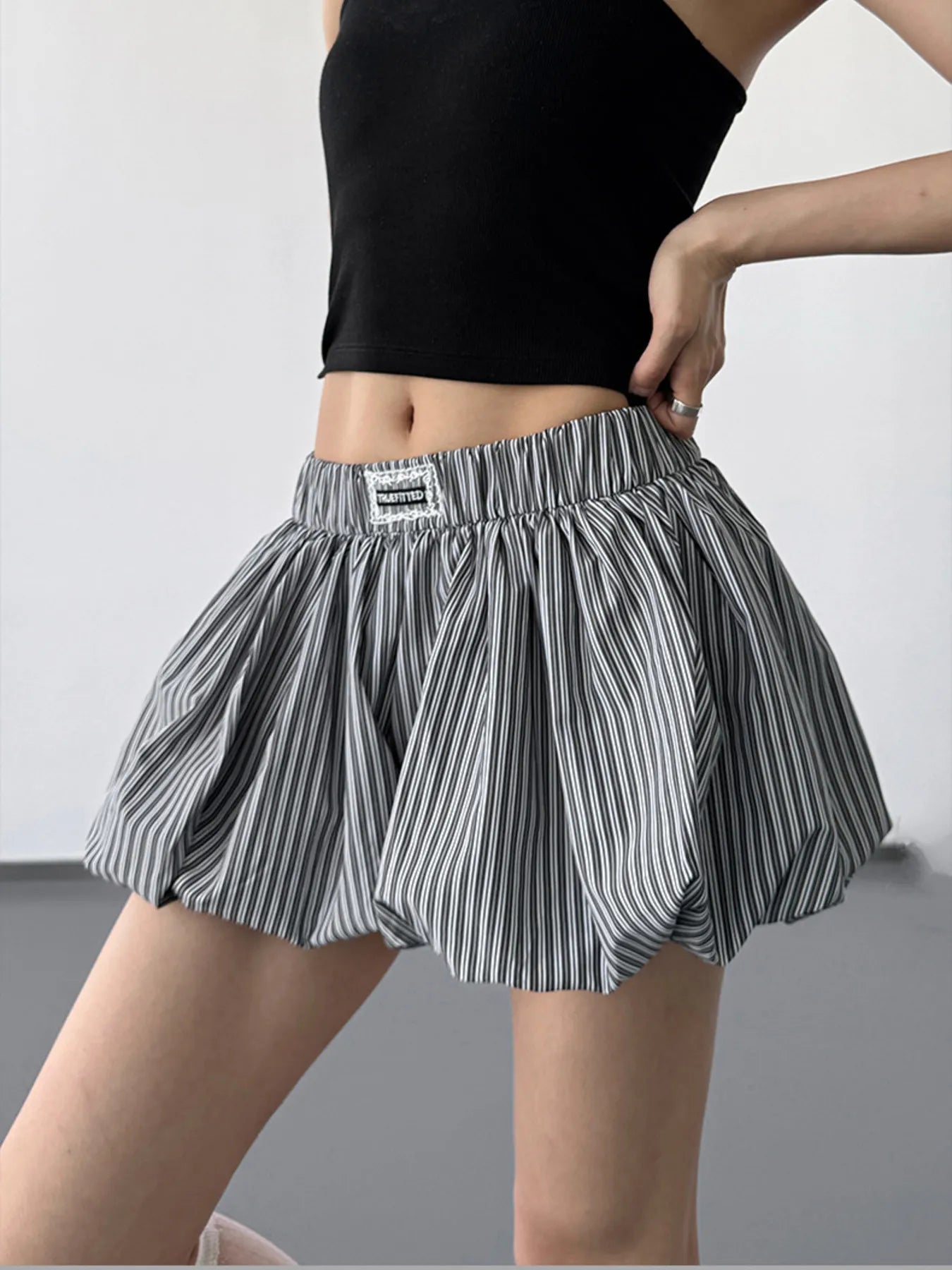Striped Bubble Hem Casual Shorts OutfitFlow