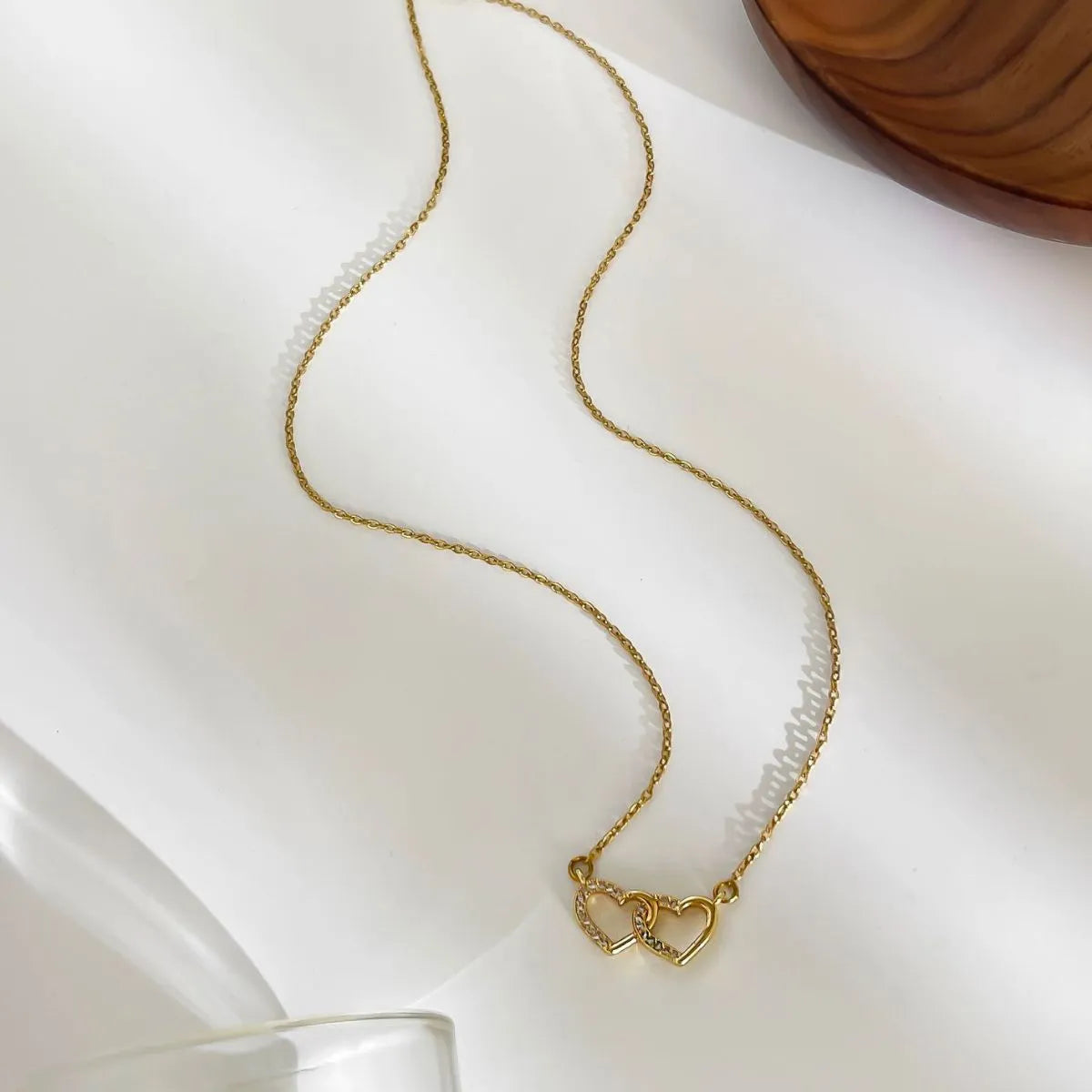 18K Gold-Plated Double Heart Inlaid Zircon Necklace OutfitFlow