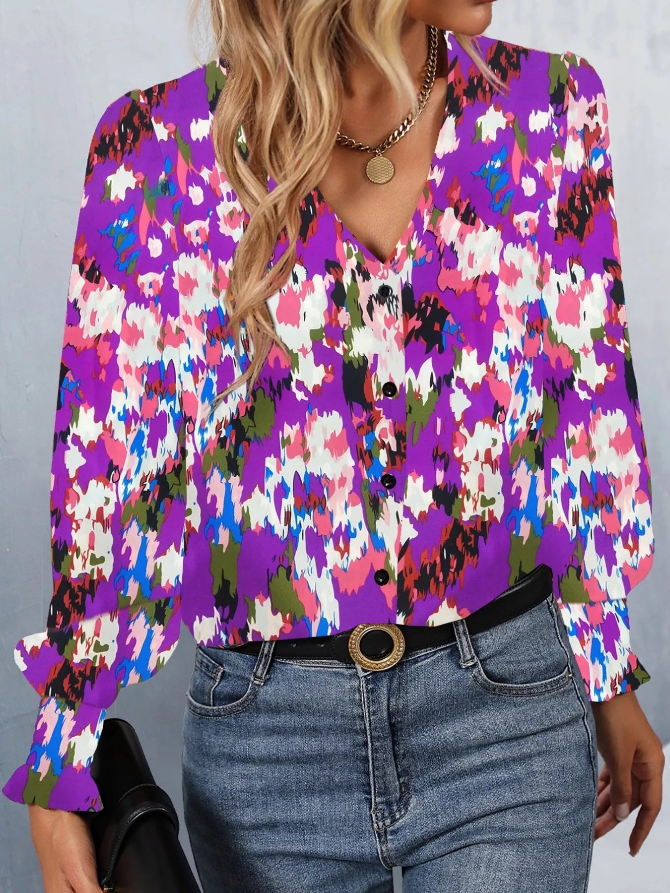 Printed Button Up Long Sleeve Shirt OutfitFlow