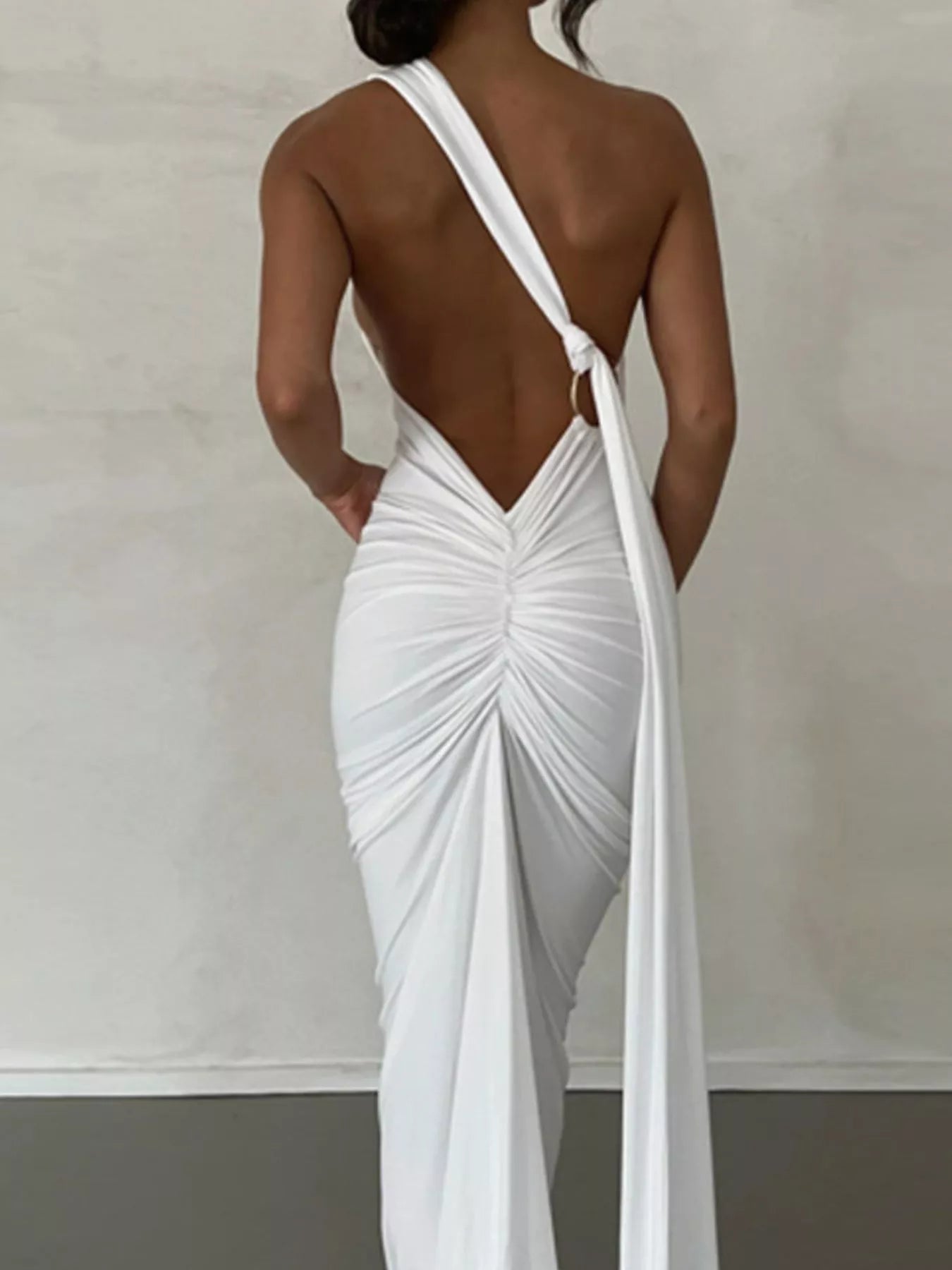 Backless One-Shoulder Ruched Bodycon Maxi Dress OutfitFlow