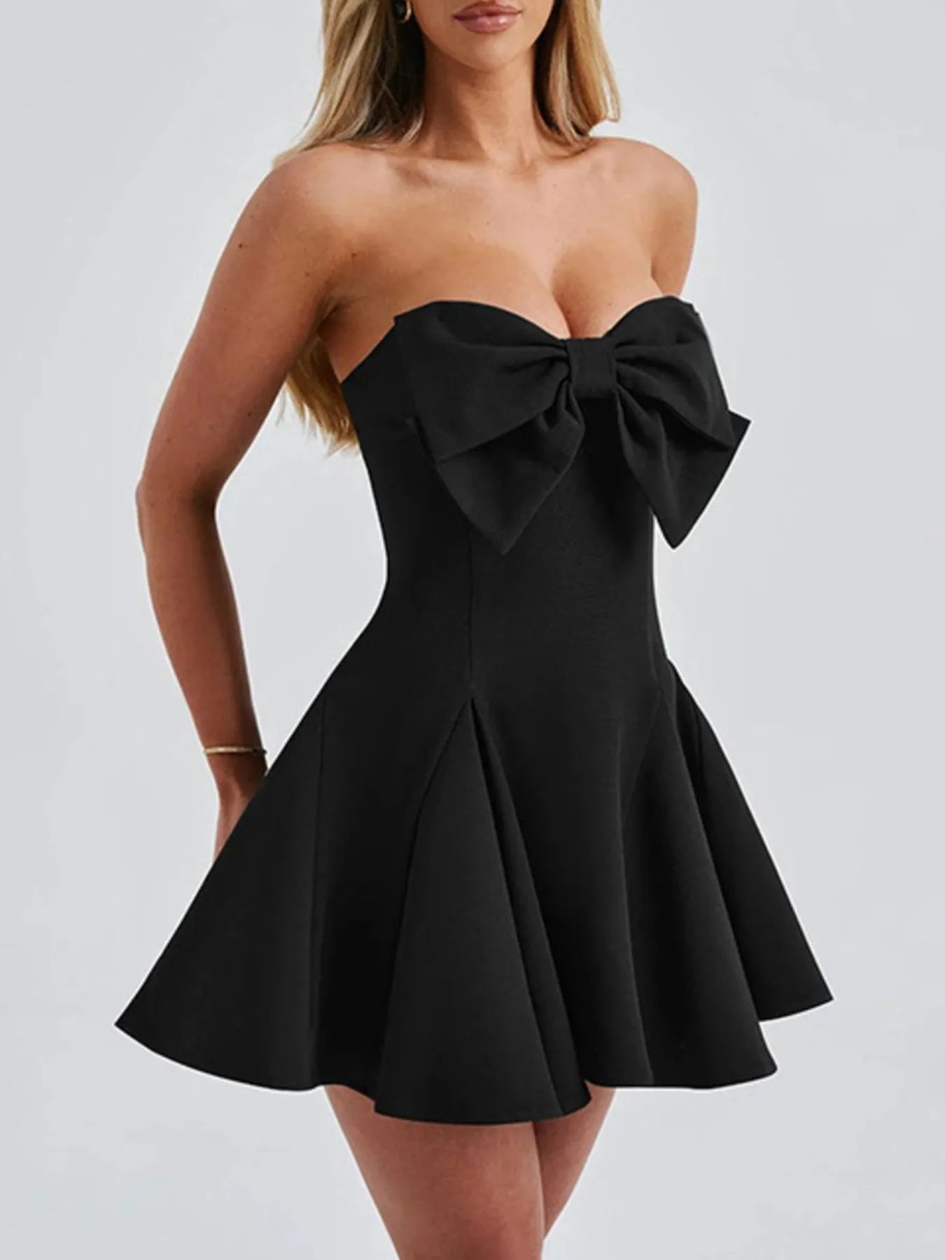 Bow Tube A-Line Mini Dress Black OutfitFlow