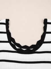 Scalloped Trim U Neck Striped Ribbed Slim Knit Top OutfitFlow