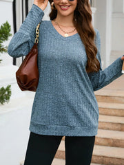 V-Neck Textured Knit Long Sleeve T-Shirt OutfitFlow