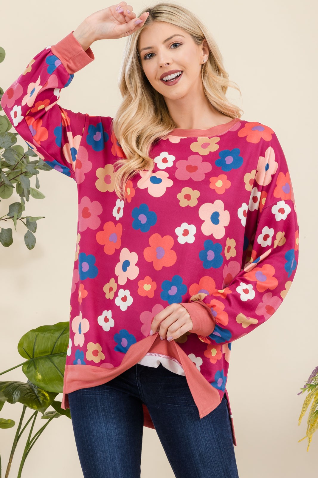 Outfit Flow - Celeste Full Size Side Slit Flower Print Long Sleeve Top