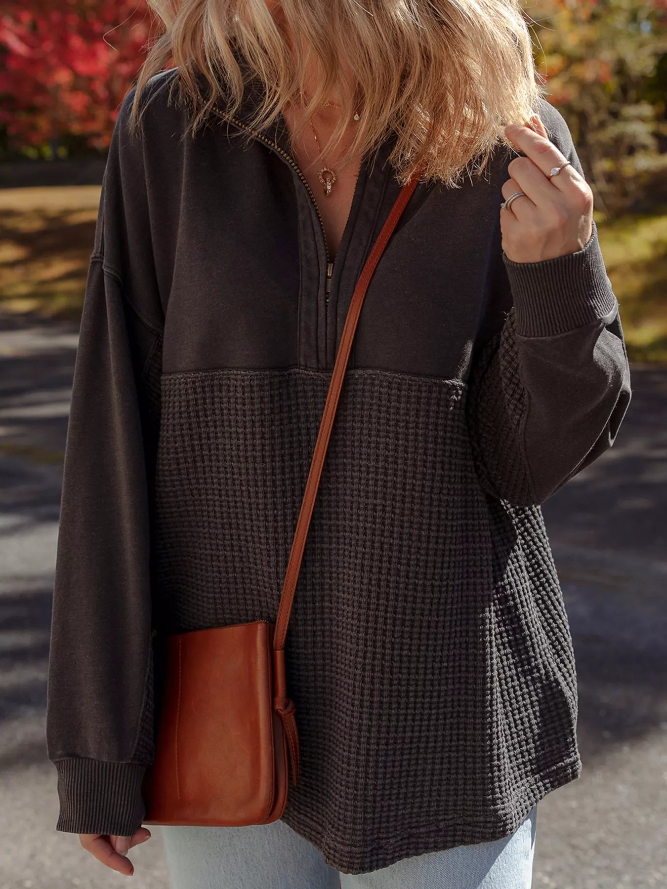 Waffle Knit Patchwork Half Zipped Casual Sweatshirt OutfitFlow