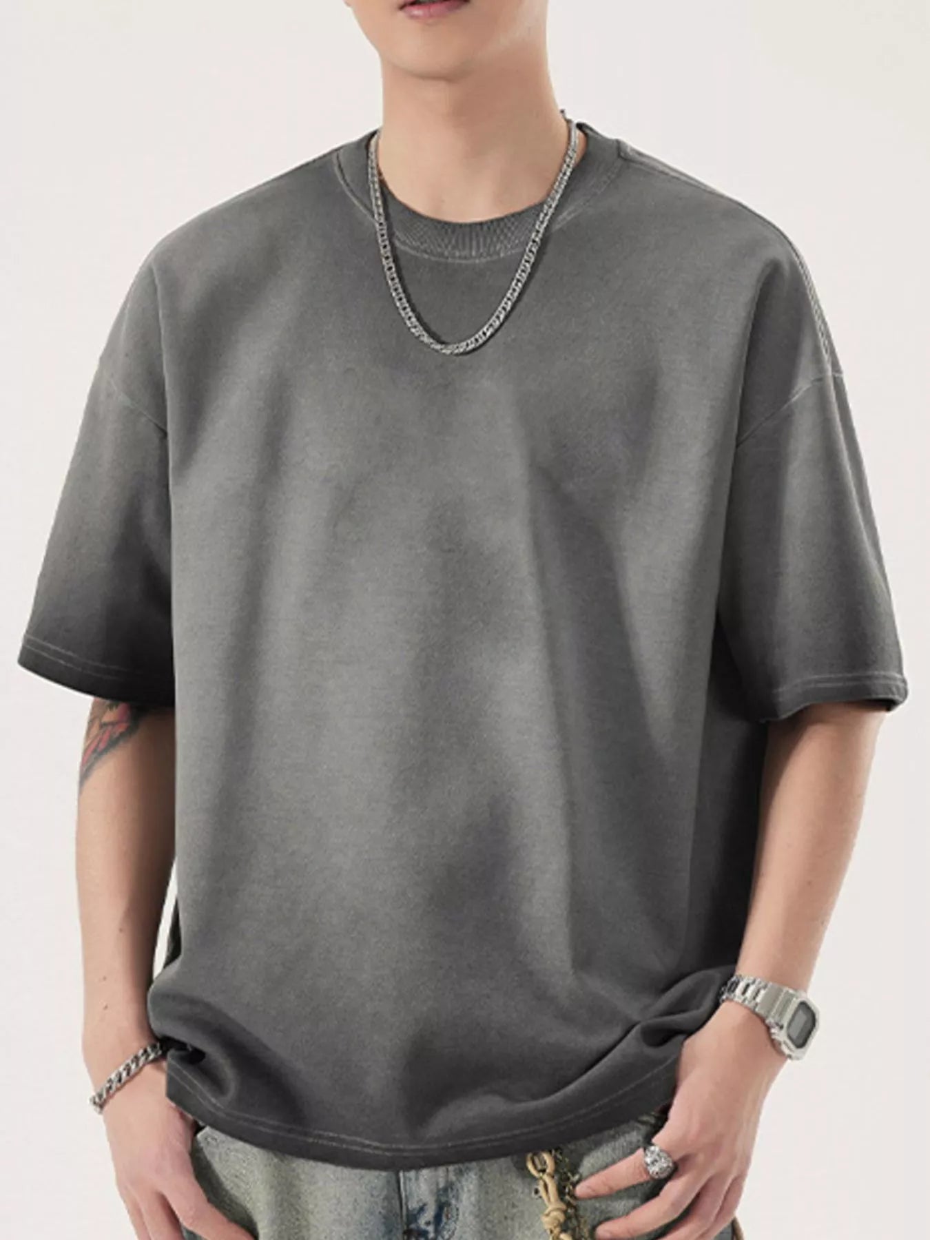 Men's Full Size Oversized Round Neck T-Shirt Plus Size Gray Trendsi