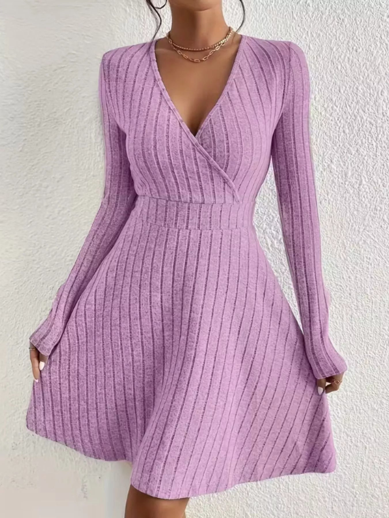 Ribbed Knit Wrap Mini Dress Lavender OutfitFlow