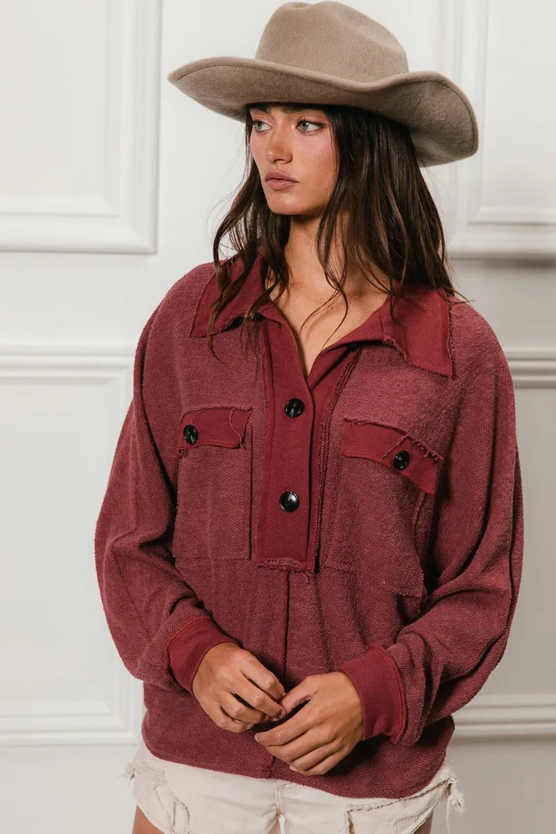 BiBi Cp French Terry Cut Edge Detail Collared Top OutfitFlow