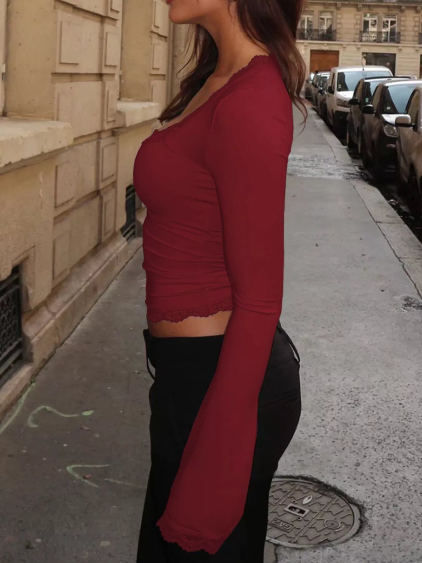 Lace Trim Long Sleeve T-Shirt Trendsi