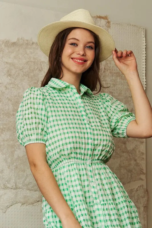 Davi & Dani Checkered Puff Sleeve Tiered Shirt Dress OutfitFlow