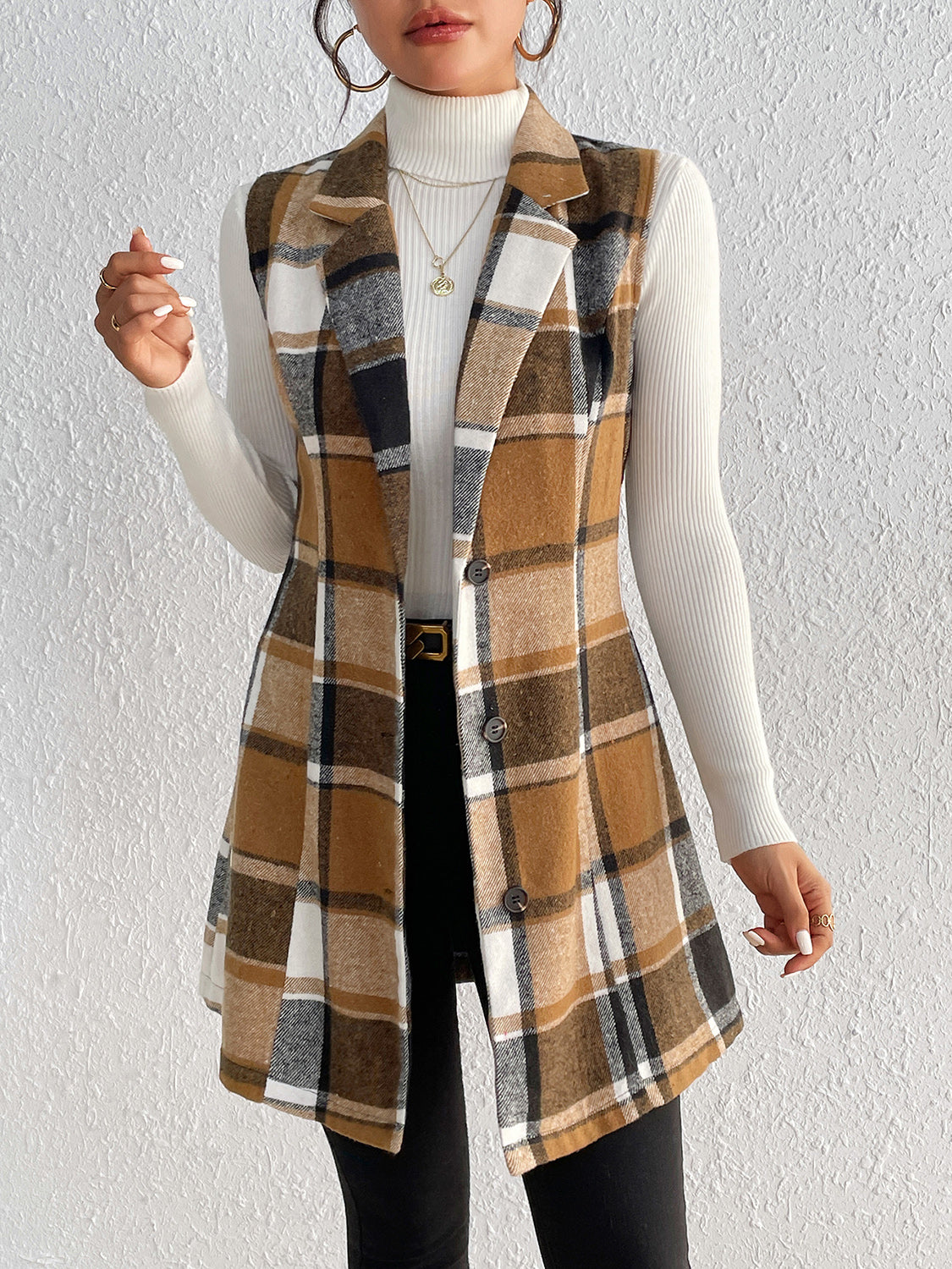 Honey Plaid Lapel Collar Vest