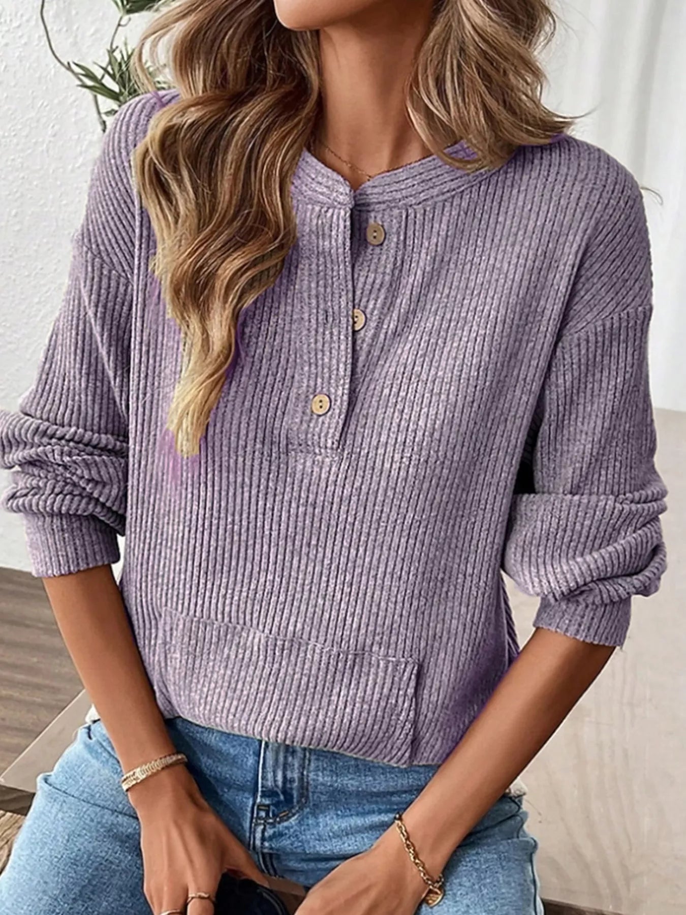 Ribbed Button Detail Long Sleeve T-Shirt OutfitFlow