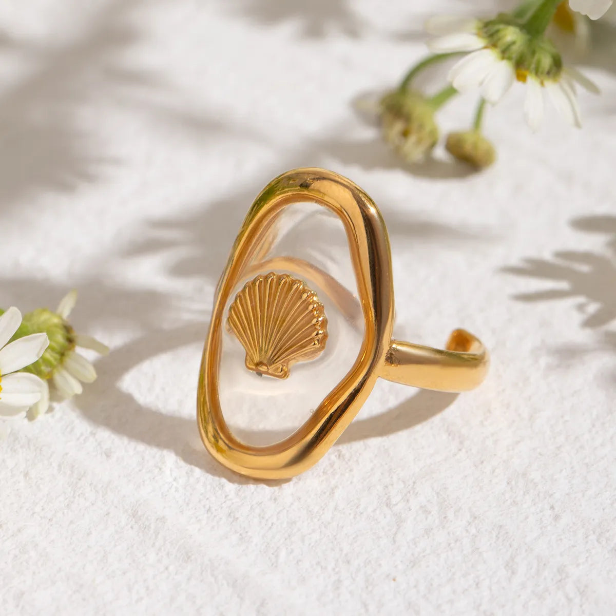 18K Gold-Plated Shell Pattern Mother of Pearl Ring OutfitFlow