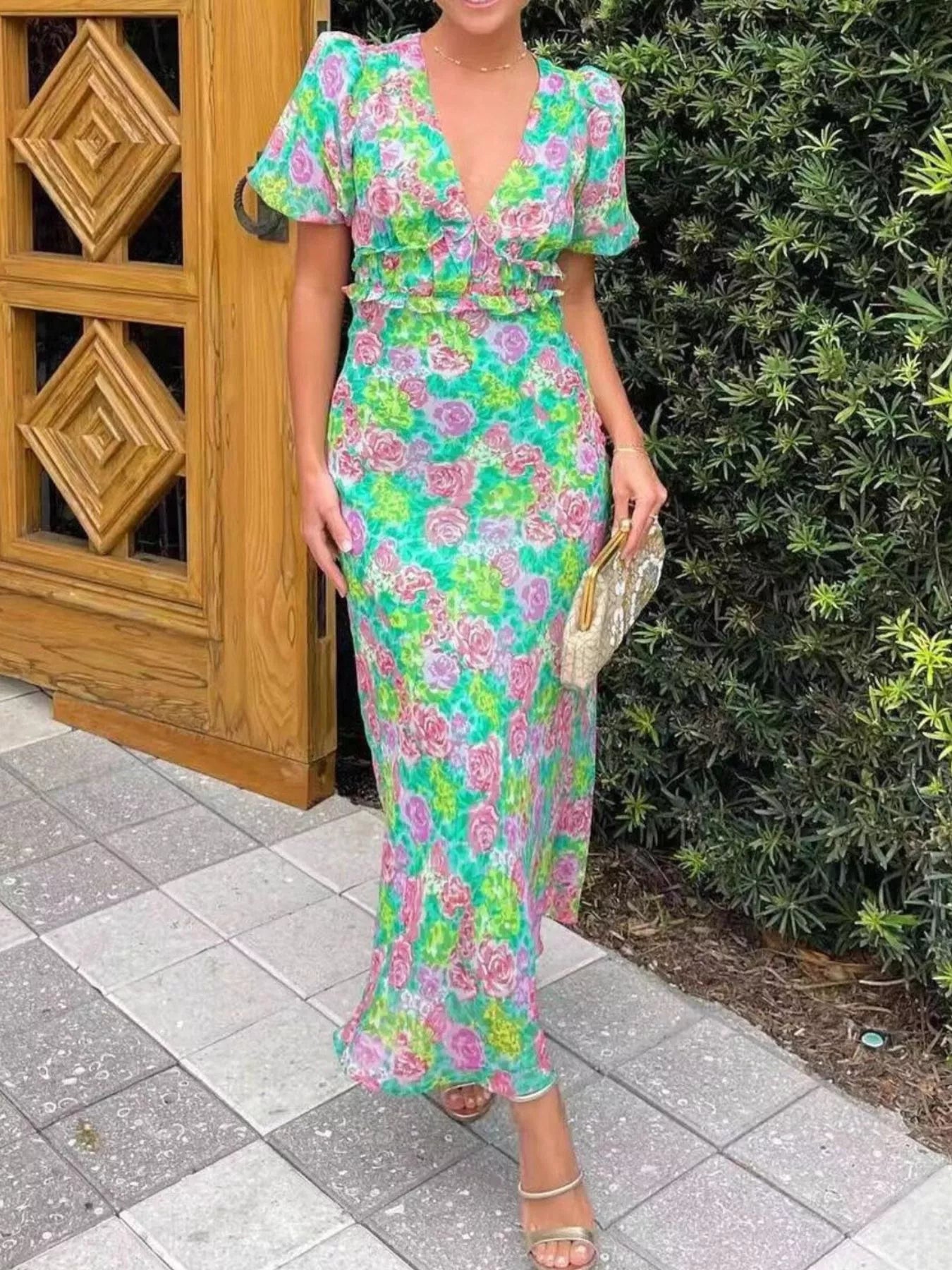 Floral Print V-Neck Puff Sleeve Midi Dress Green OutfitFlow
