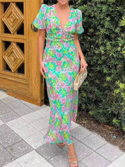 Floral Print V-Neck Puff Sleeve Midi Dress Green OutfitFlow