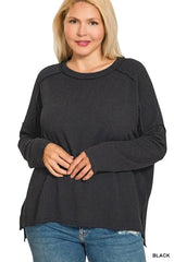 Zenana Full Size Exposed Seam Long Sleeve Corded Rib Knit Top Plus Size OutfitFlow