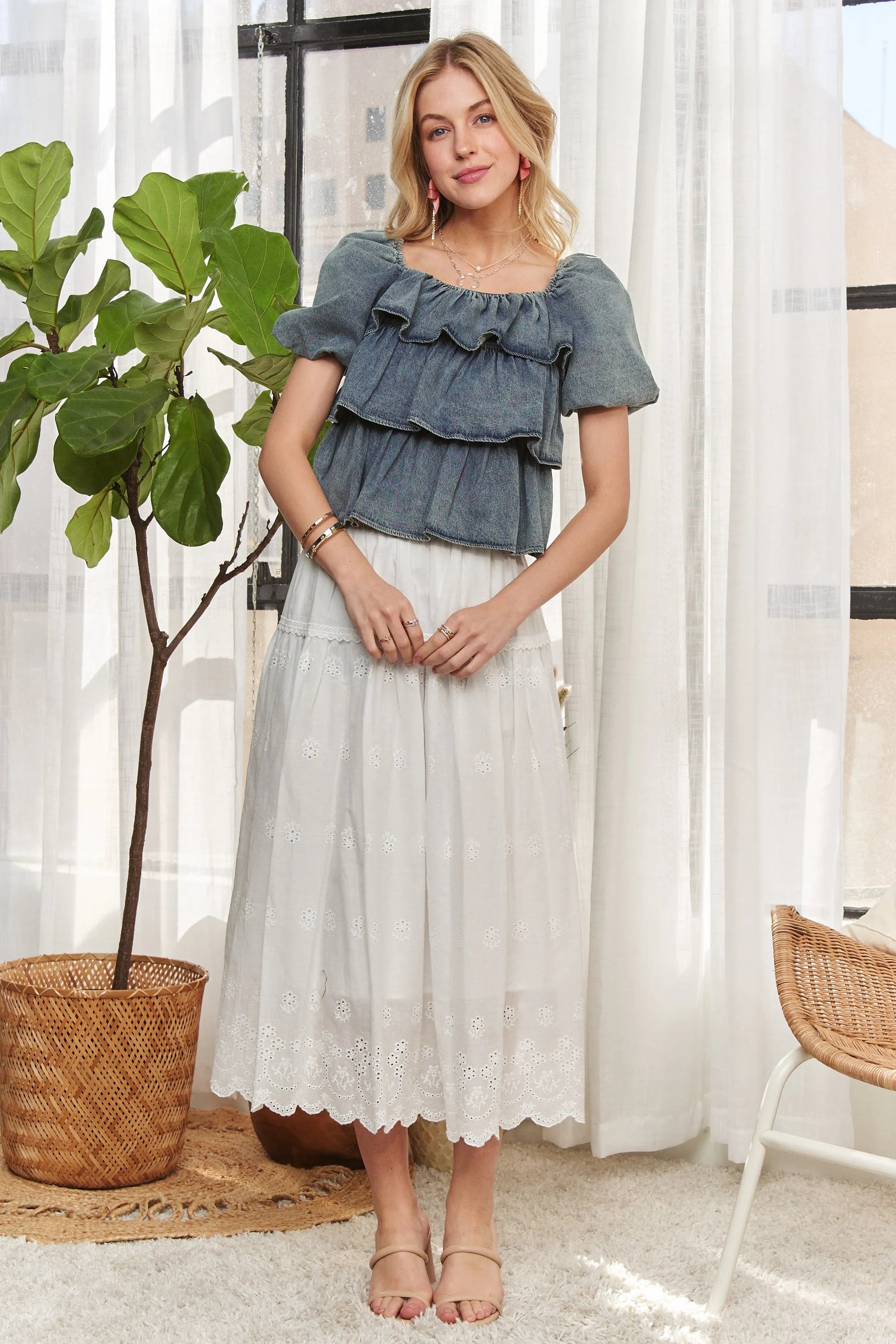 ADORA Washed Denim Layered Ruffle Blouse OutfitFlow