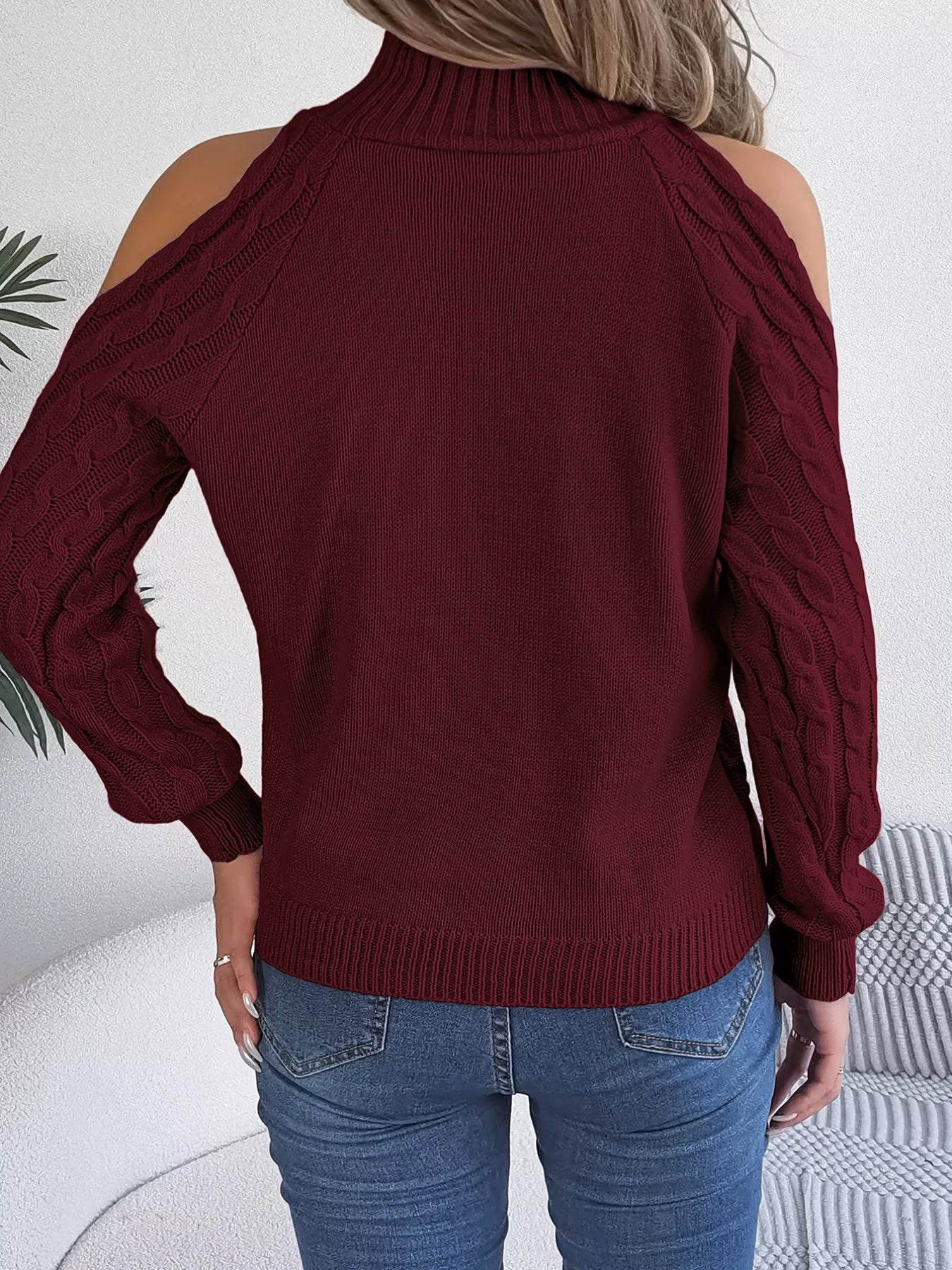 Cable Knit Cold Shoulder Turtleneck Sweater OutfitFlow