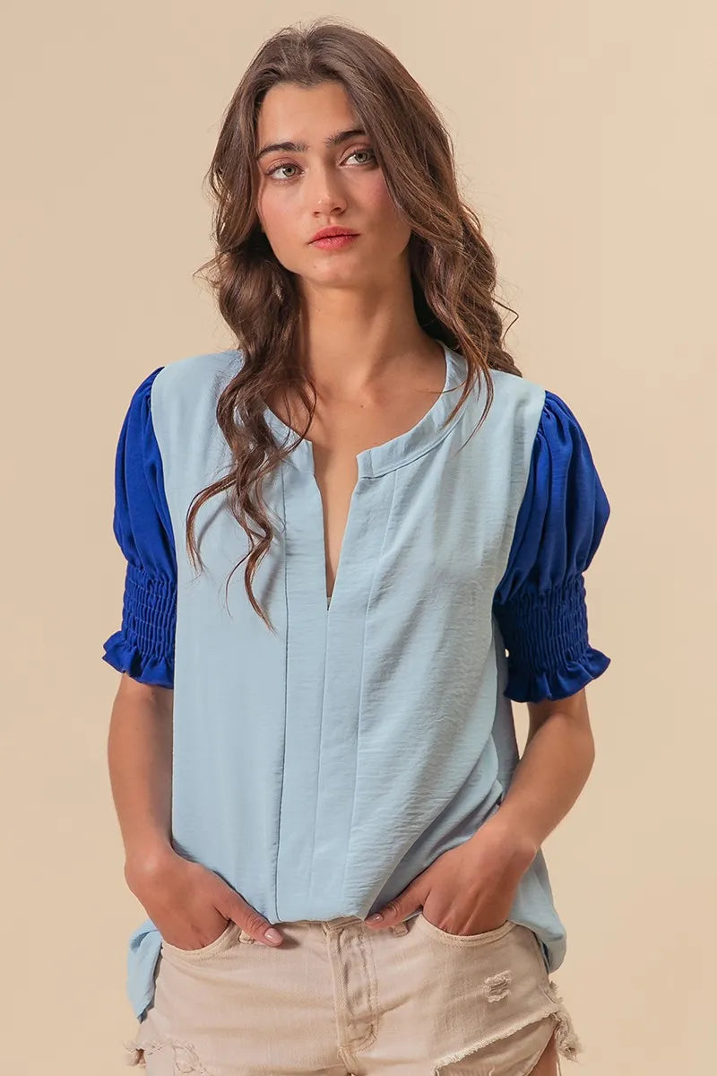 BiBi Air Flow Color Block Puff Sleeves V Neck Top OutfitFlow