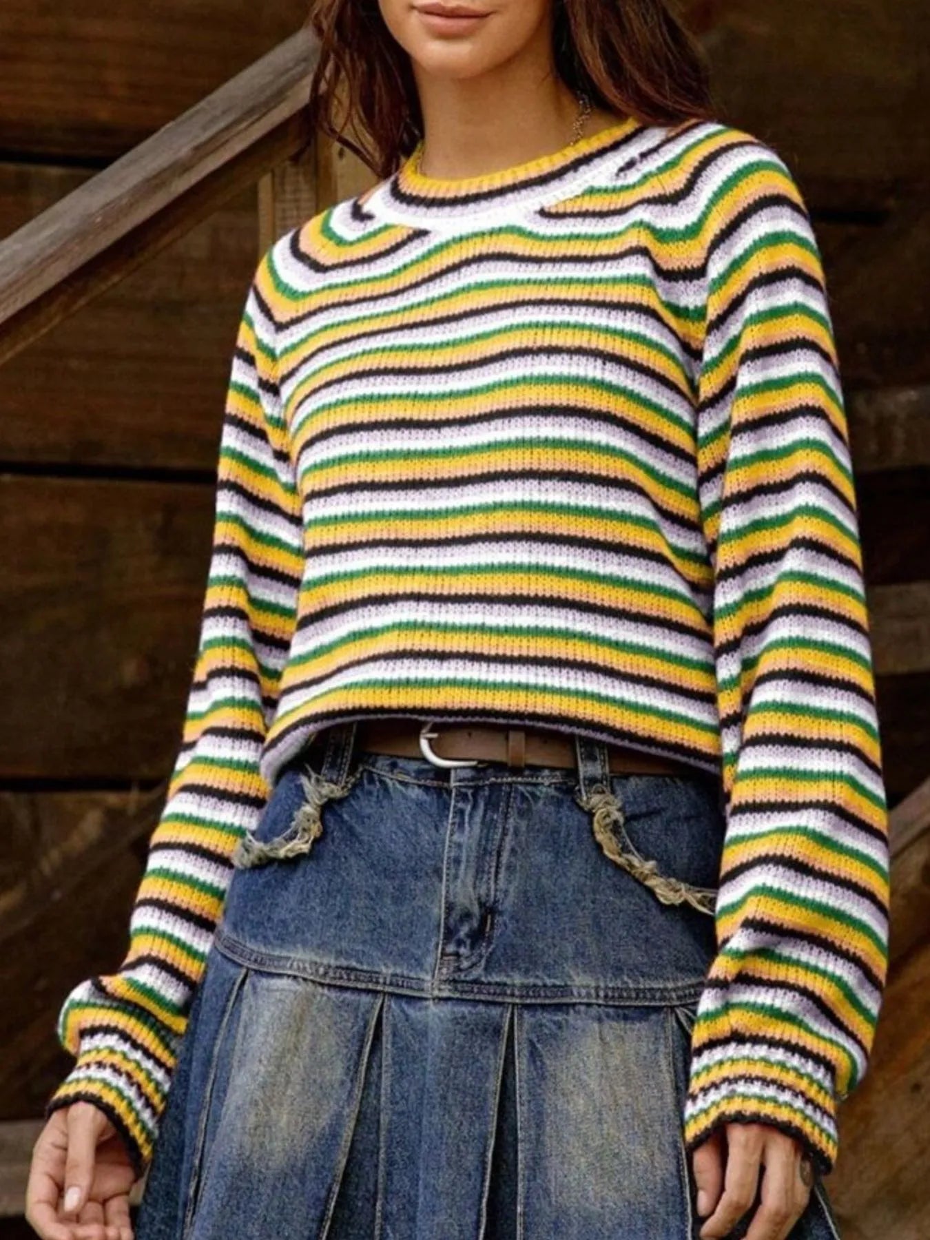 Rainbow Striped Pullover Sweater OutfitFlow