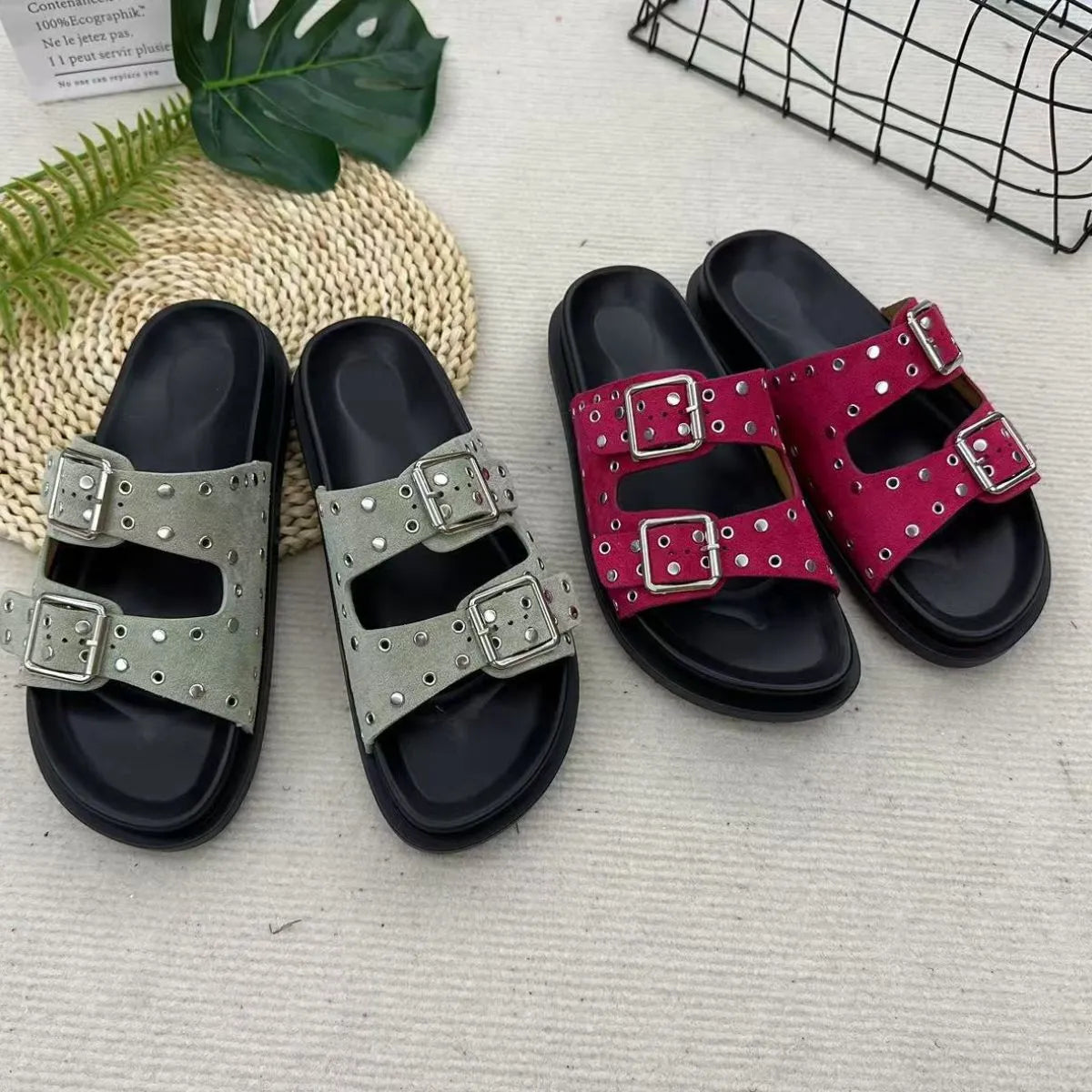 Double Buckle Open Toe Flat Sandals OutfitFlow