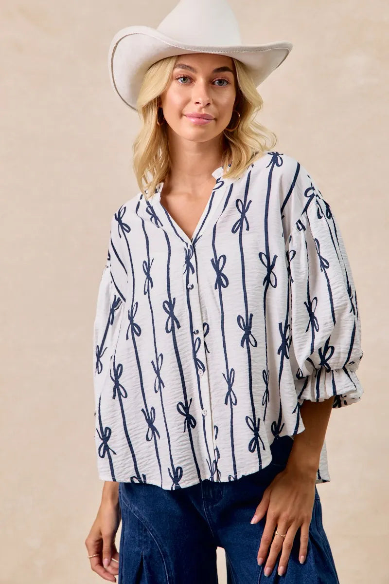 BiBi Bow Ribbon Printed Woven Bubble Sleeves Top OutfitFlow