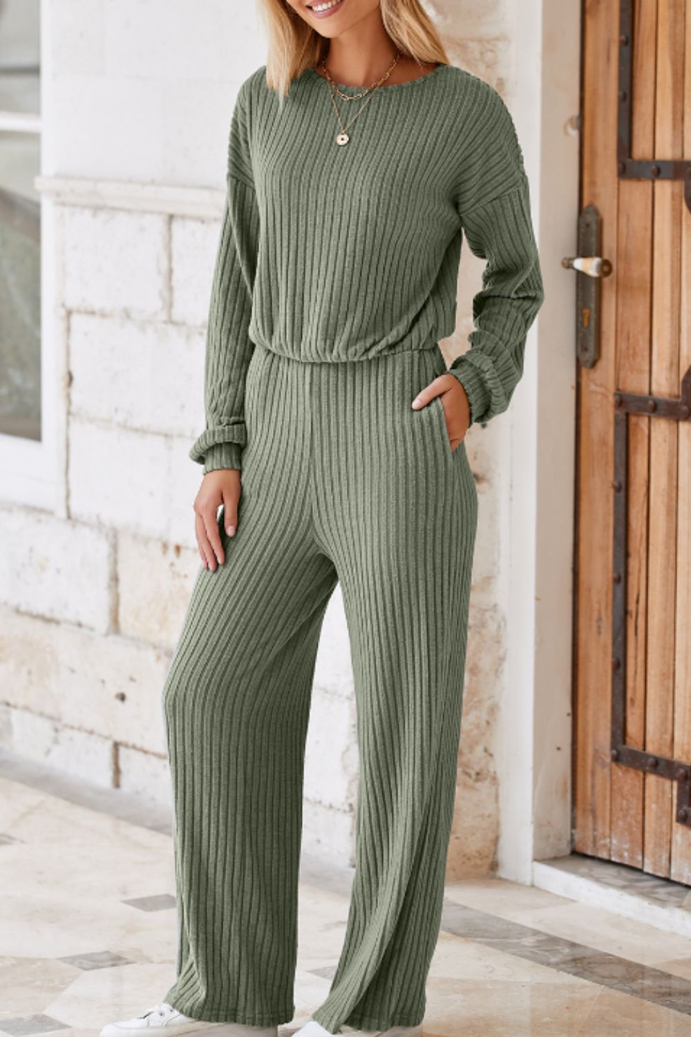 Outfit Flow - Round Neck Long Sleeve Jumpsuit