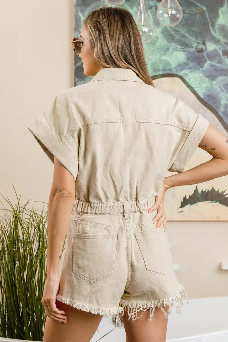 BiBi Distressed Detail Washed Elastic Waistband Romper OutfitFlow