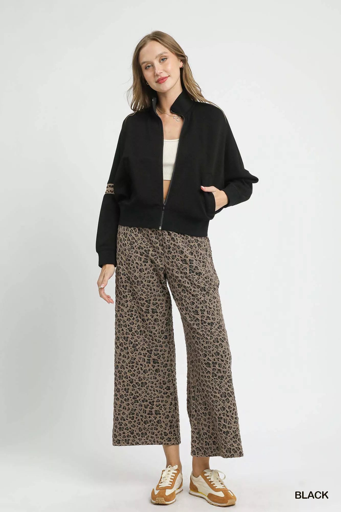 Umgee Zipper Up Cropped Jacket with Leopard Trim OutfitFlow