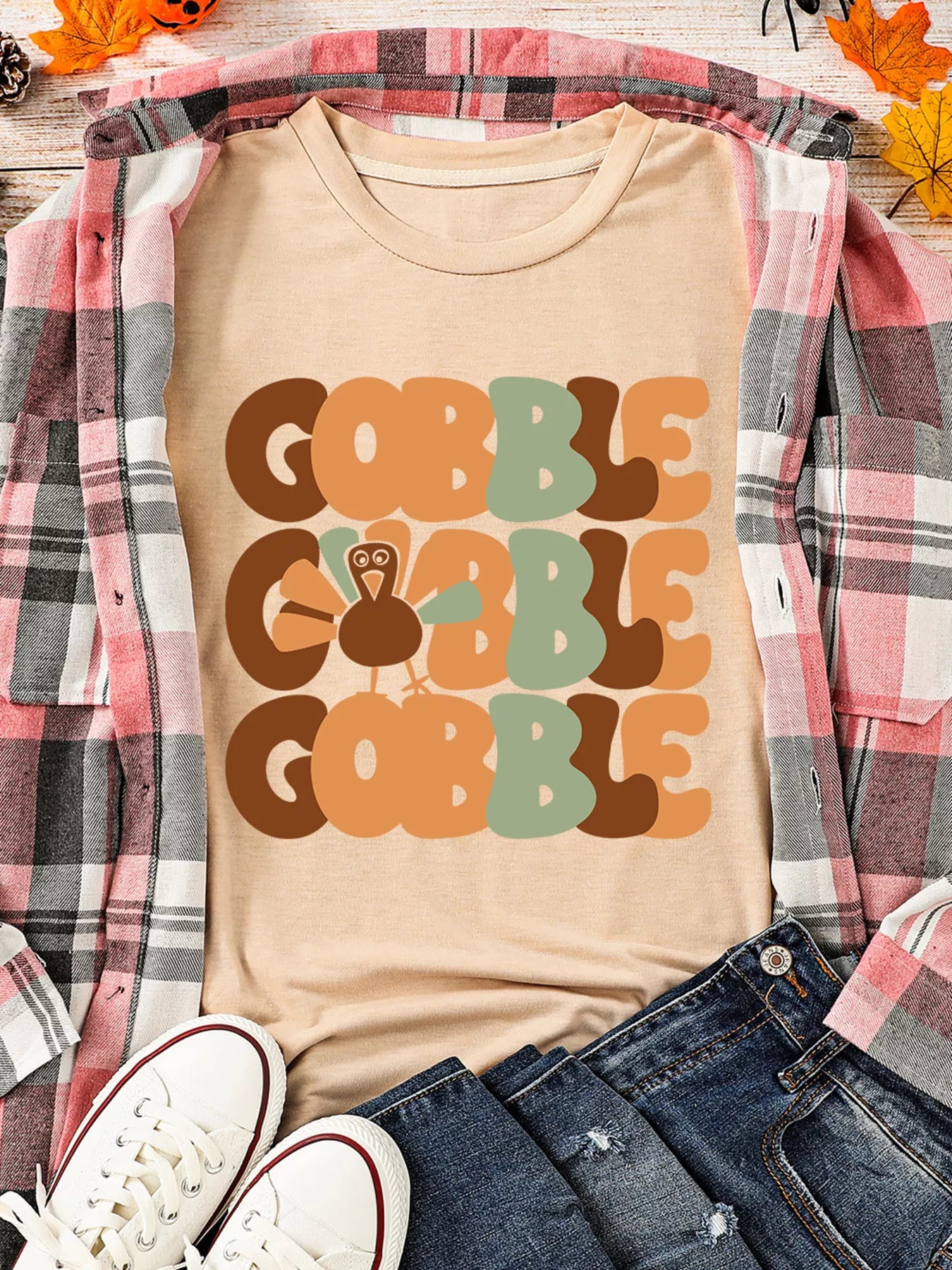 GOBBLE Turkey Graphic Thanksgiving Round Neck Tee OutfitFlow