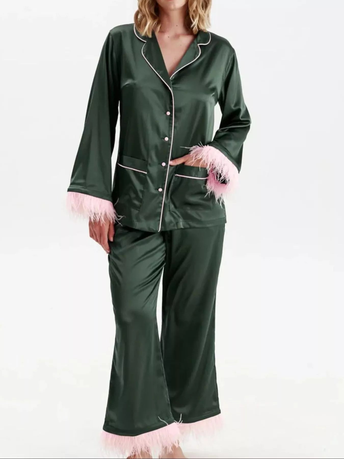 Silky Button Up Top and Pants Lounge Set OutfitFlow