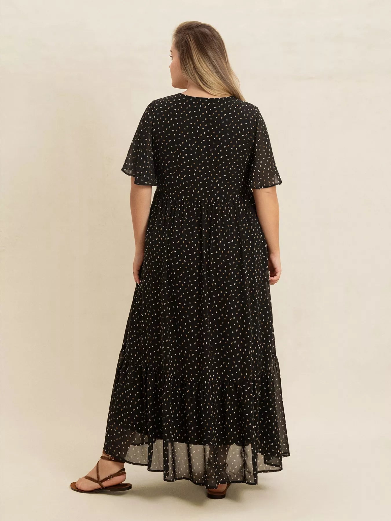 Plus Size Printed V-Neck Flutter Sleeve Maxi Dress OutfitFlow