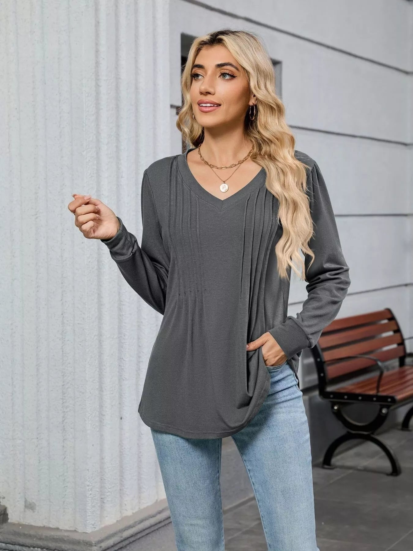 V-Neck Long Sleeve Relaxed Fit T-Shirt OutfitFlow