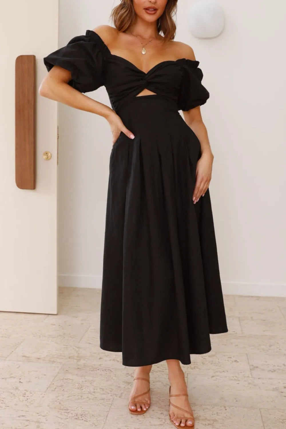 Sweetheart Neck Puff Sleeve Dress Black OutfitFlow