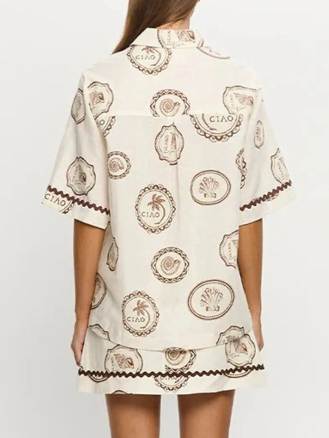 Printed Button Up Shirt and Skirt Set OutfitFlow