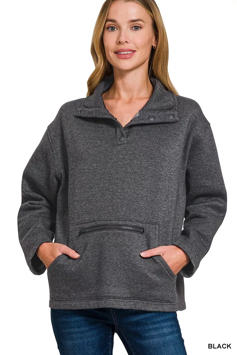 Zenana Fleece Washed High Neck Kangaroo Pocket Sweatshirt BLACK Trendsi