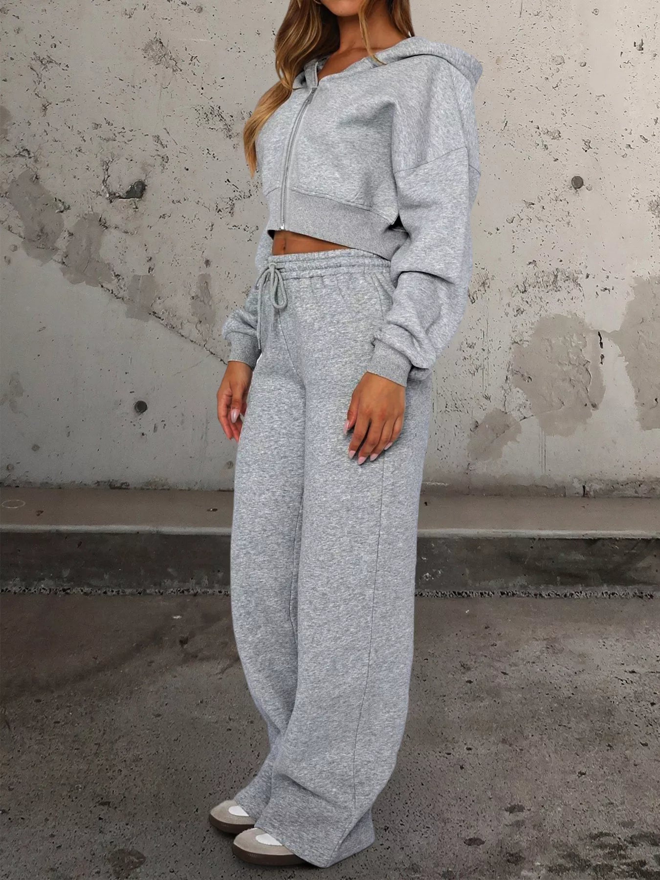 Zip Up Hoodie and Drawstring Pants Set OutfitFlow