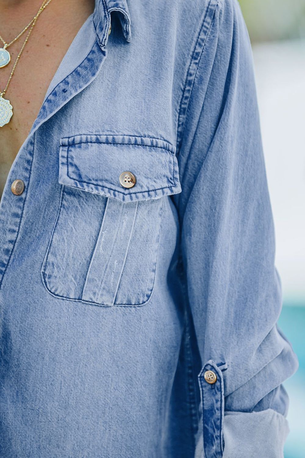 Pocketed Collared Neck Long Sleeve Denim Top OutfitFlow