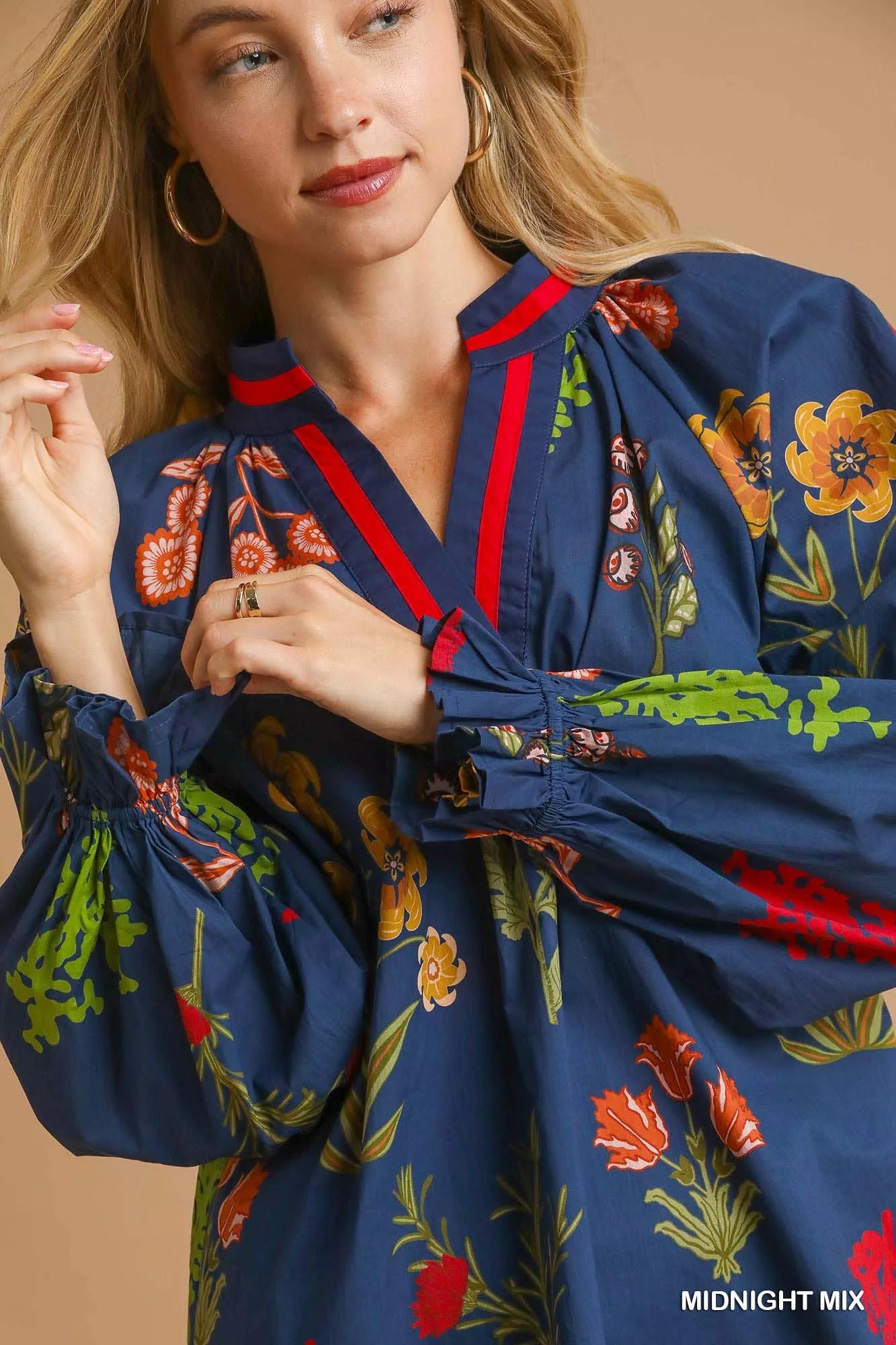 Umgee Floral Print Flounce Sleeve Blouse OutfitFlow