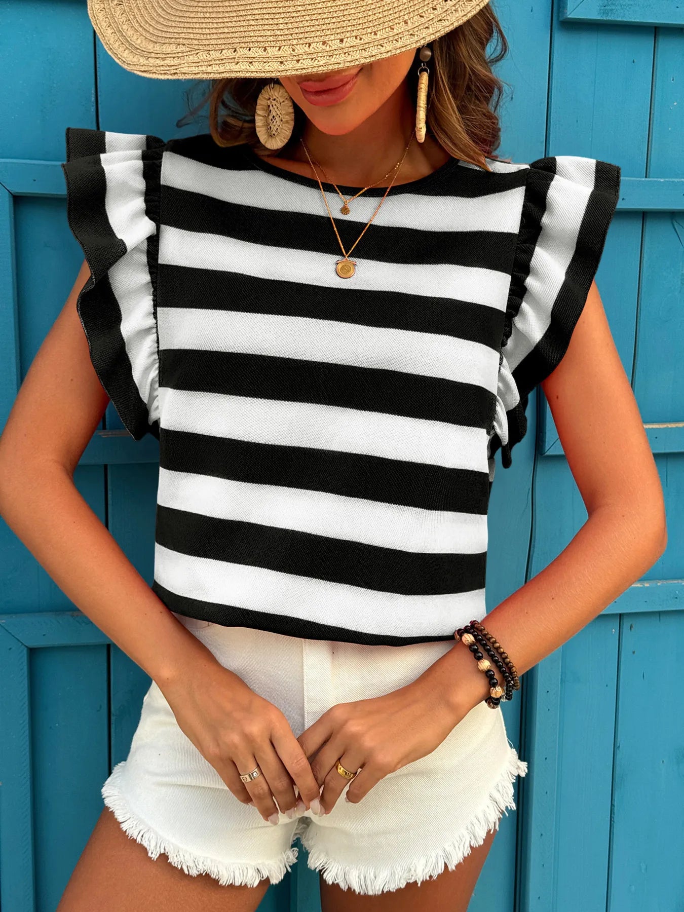 Contrast Striped Ruffle Sleeve T-Shirt OutfitFlow