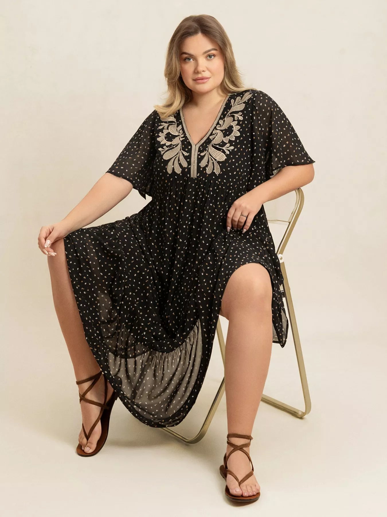 Plus Size Printed V-Neck Flutter Sleeve Maxi Dress OutfitFlow
