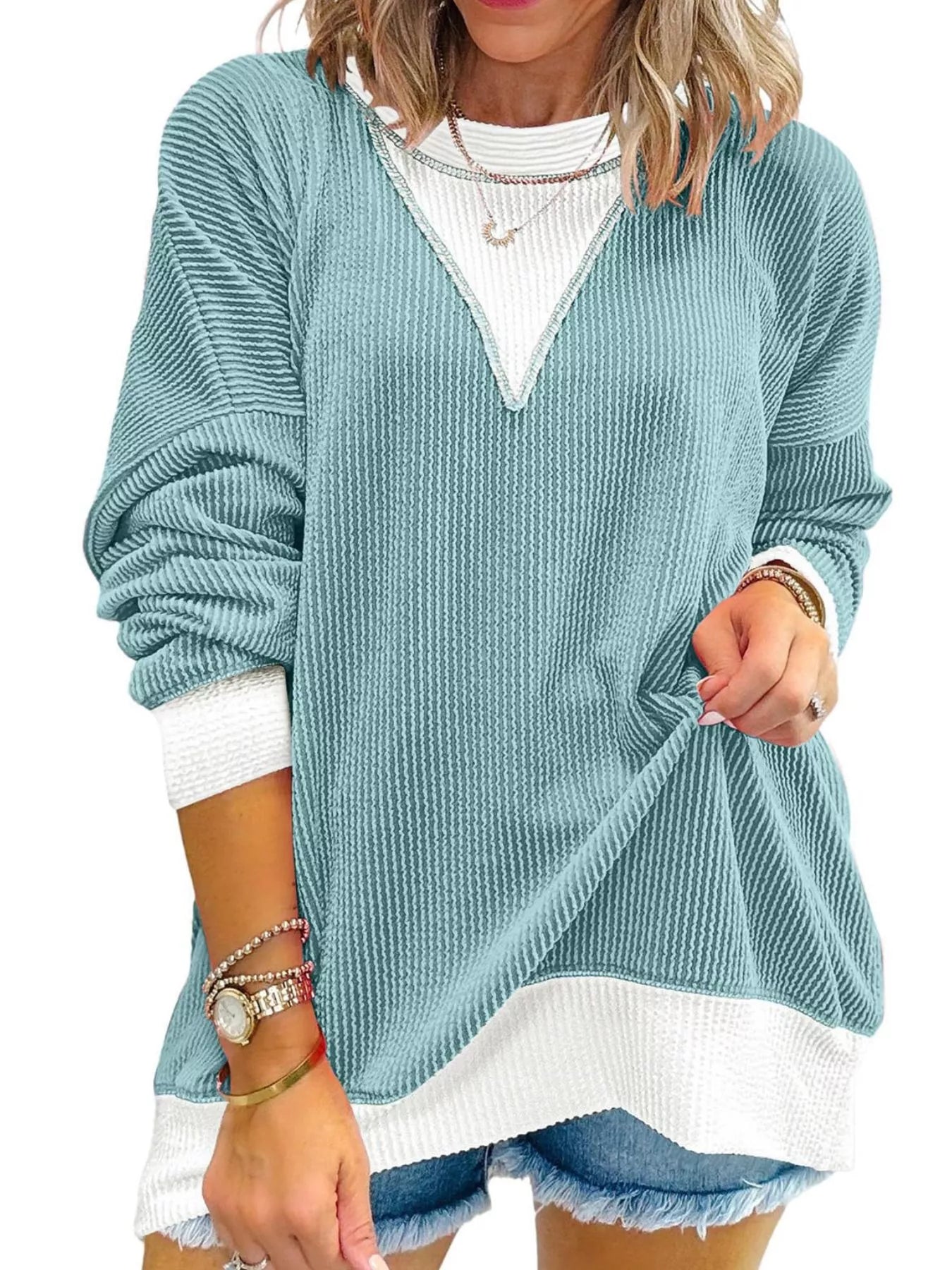 Contrast Dropped Shoulder Sweatshirt Pastel Blue OutfitFlow