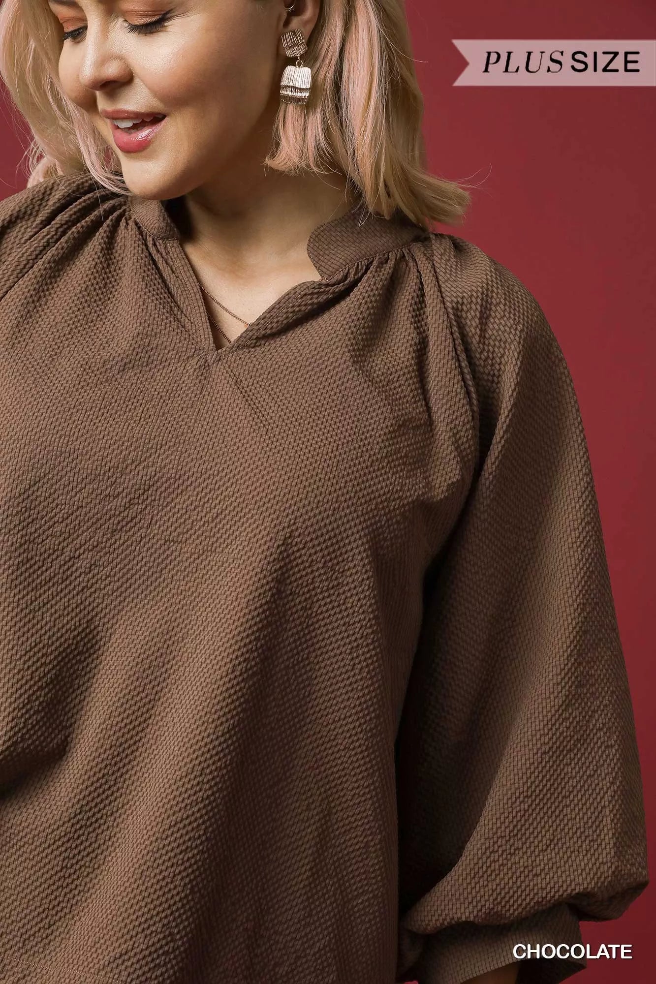 Umgee Full Size Textured Notched Balloon Sleeve Blouse Plus Size Trendsi
