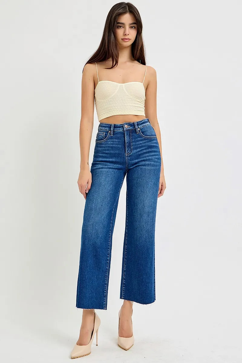 RISEN Full Size Tummy Control High Rise Wide Crop Jeans Plus Size Trendsi
