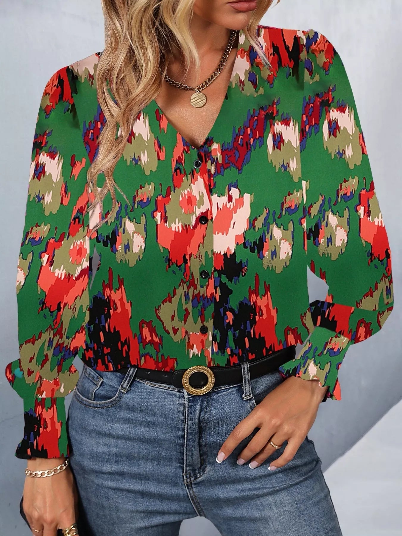 Printed Button Up Long Sleeve Shirt OutfitFlow