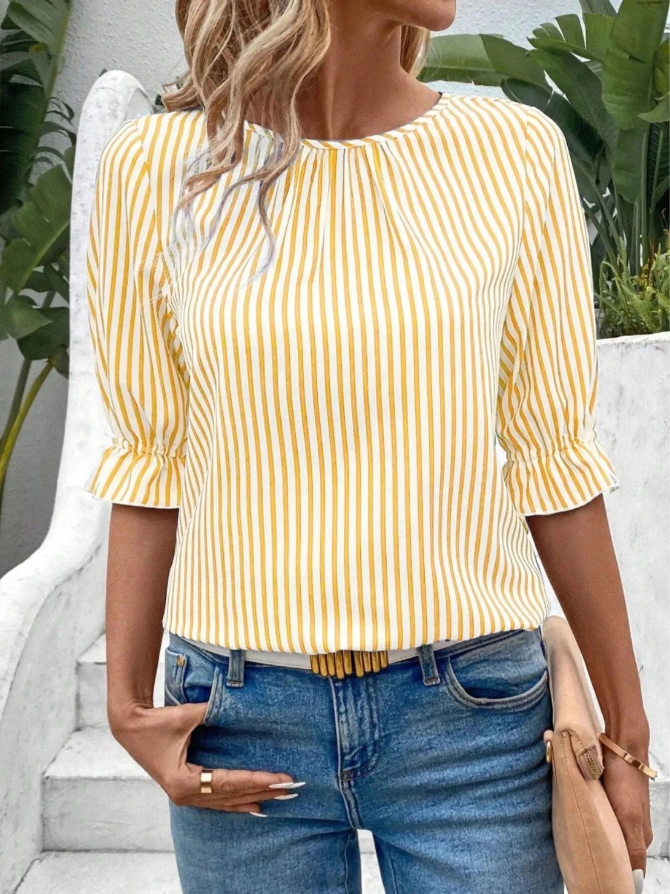 Striped Round Neck Half Sleeve Casual Blouse OutfitFlow