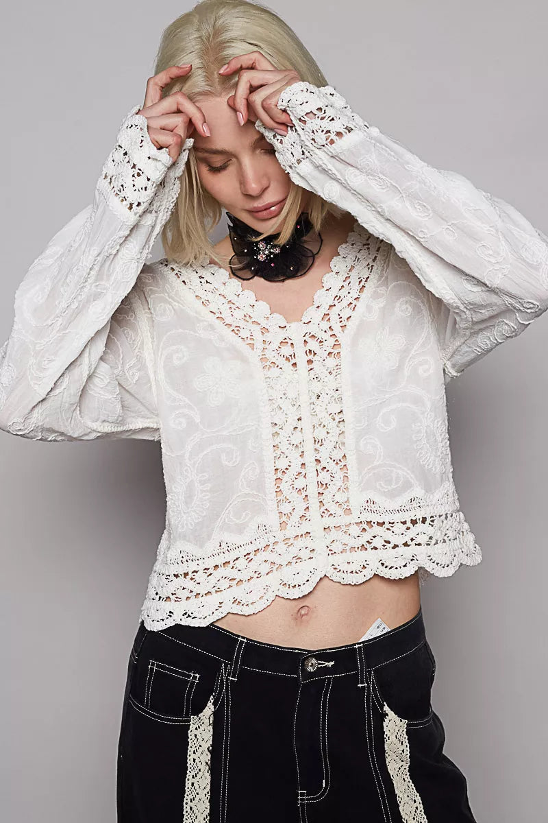 POL Long Sleeve Cropped Crochet Top with Floral Embroidery Detail OutfitFlow