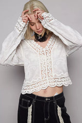 POL Long Sleeve Cropped Crochet Top with Floral Embroidery Detail OutfitFlow