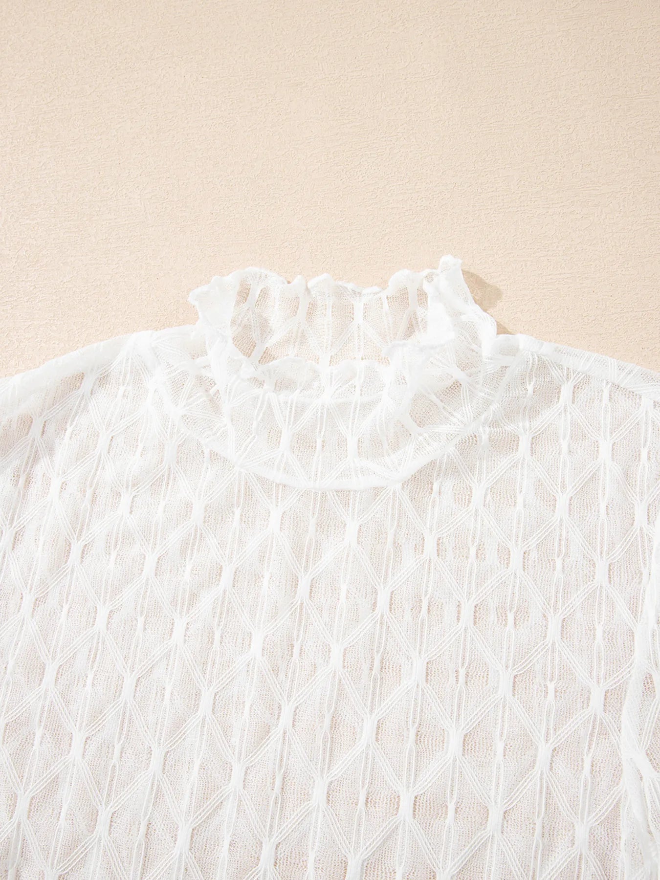 Sheer Mesh Patterned Lettuce Trim Slim Long Sleeve Top OutfitFlow