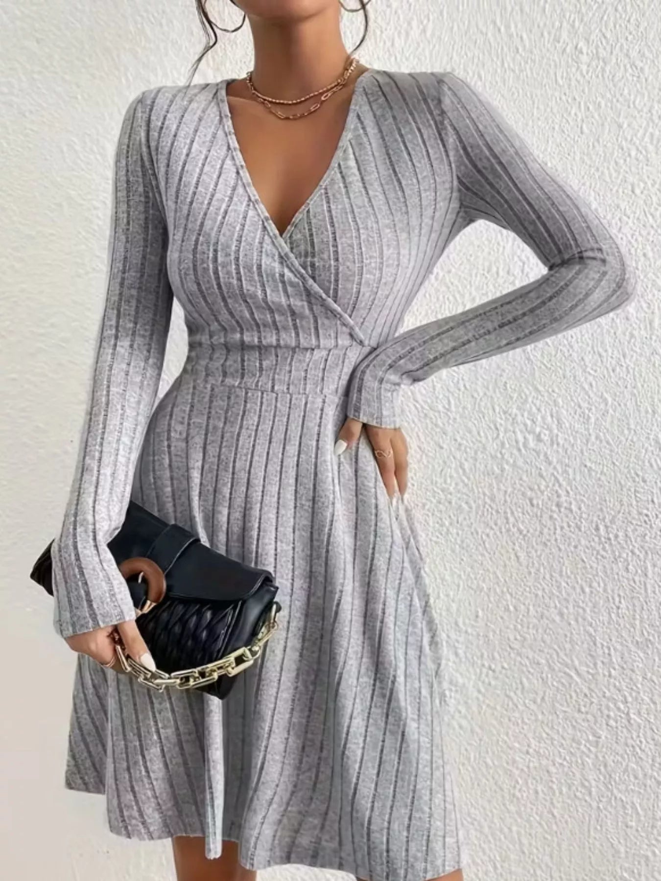 Ribbed Knit Wrap Mini Dress Light Gray OutfitFlow
